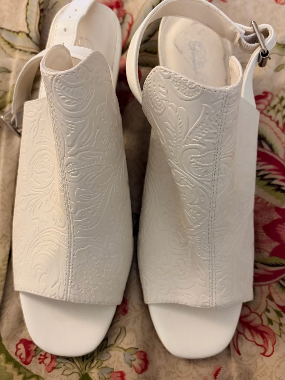 White Embossed Open-Toe Slingback Heels - Women
